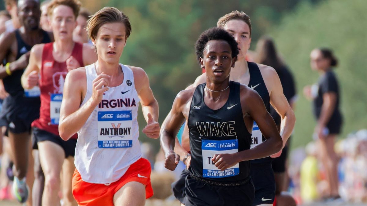 No. 7 Wake Forest’s Luke Tewalt (right) competes with No. 16 Virginia’s Will Anthony. Virginia would finish fourth overall at the conference championship event. (Courtesy of Wake Forest Athletics)